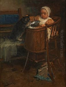 L"enfant Dans Sa Chaise Haute Et Son Chat by Pierre Jacques Dierckx