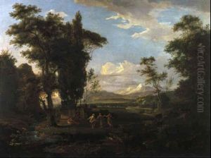 Die Drei Grazien In Einer Weiten Bewaldeten Landschaft by Albert Christoph Dies