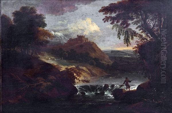 Paysage Avec Un Pecheur Et Une Cascade - view 1