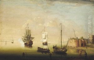 Shipping Lying In A River Estuary By A Fortress With A Dutch Frigate Saluting Her Departure From The Anchorage by Adriaen Van Diest