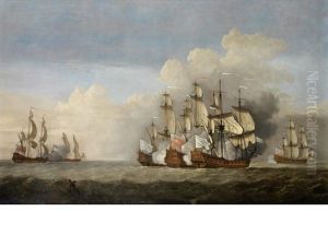 An Engagement Between Opposing French And English Squadrons At Sea, The English Flagship In Close Action With Two Of The Enemy by Adriaen Van Diest