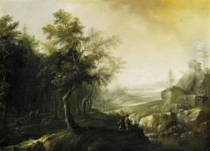 Weite Flusslandschaft Mit Wanderern Am Waldrand