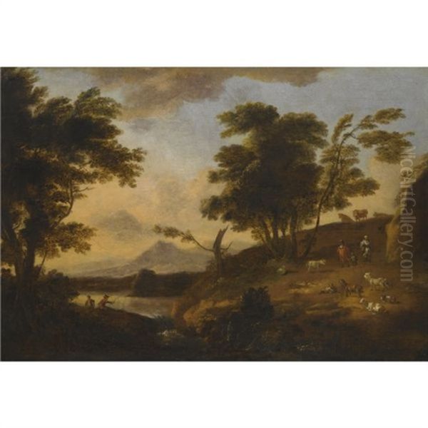 A Wooded River Landscape With Figures Fishing, Peasants, Animals And Mountains Beyond - view 1