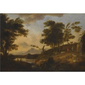A Wooded River Landscape With Figures Fishing, Peasants, Animals And Mountains Beyond by Adriaen Van Diest