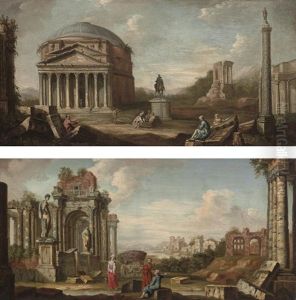 A Roman Capriccio Of The Pantheon With Figures Seated By Ruins (+ An Architectural Capriccio With Figures Conversing; Pair) by Adriaen Van Diest