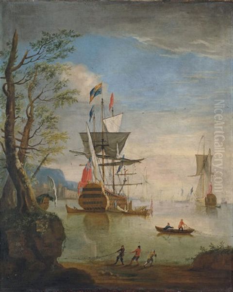 A Coastal Landscape With A British Man-o'war At Anchor In Calm Waters With Other Shipping - view 1
