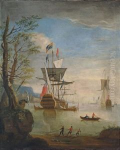 A Coastal Landscape With A British Man-o'war At Anchor In Calm Waters With Other Shipping