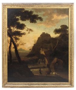 An Italianate Rocky Landscape With A Drover And Cattle Before A Stream, Goats On A Rocky Outcrop Beyond by Adriaen Van Diest