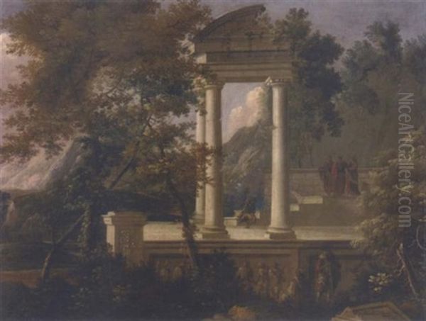 An Extensive Mountainous Wooded Landscape With Figures Conversing In Classical Ruins - view 1