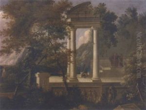 An Extensive Mountainous Wooded Landscape With Figures Conversing In Classical Ruins by Adriaen Van Diest