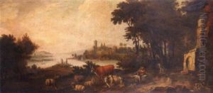 A Wooded River Landscape With Peasants And Their Livestock Resting Near Classical Ruins, A Fortress On An Embankment In The Distance