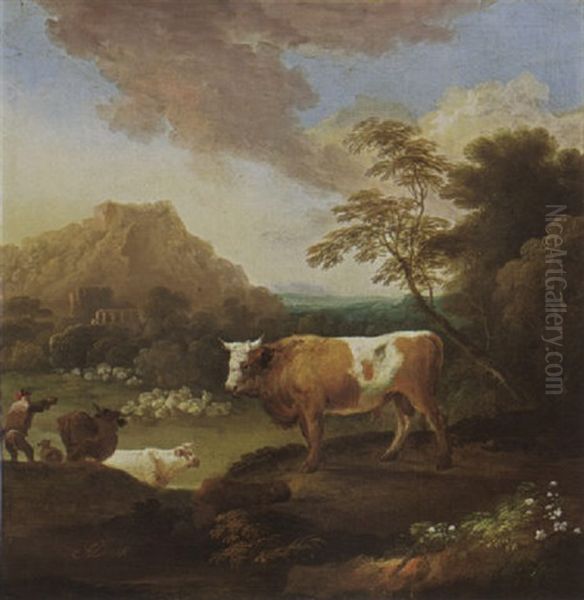 An Italianate Landscape With A Bull In The Foreground And A Shepherd With His Herd Nearby - view 1
