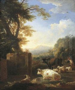 An Italianate Landscape With A Herdsman Playing A Flute, His Herd Beside Him by Adriaen Van Diest