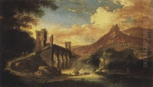 An Italianate Wooded River Lanscape With Travellers Crossing A Bridge, Mountains Beyond by Adriaen Van Diest