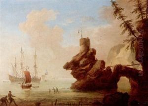 A Rocky Mediterranean Coastal Scene With Fishermen And A Man-of-war At Anchor A Rocky Mediterranean Coastal Scene With Fishermen And A Man-of-war At Anchor