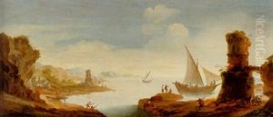 A Mediterranean Rocky Coastline With Fishermen Bringing In Their Nets, A Sailing Vessel By A Ruinous Tower, Mountains Beyond