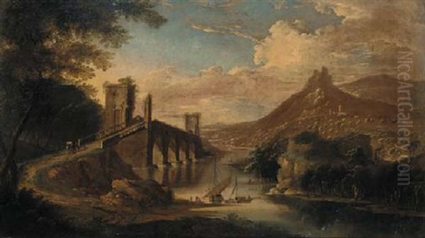 An Extensive River Landscape With Figures On A Bridge - view 1