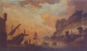 Levantinische Hafenstadt Bei Sonnenuntergang Mit Galeere Und Figuren