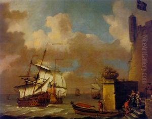 Seascape With Elegant Figures Approaching A Barge, British Men Of War Beyond Seascape With Elegant Figures Approaching A Barge, British Men Of War Beyond