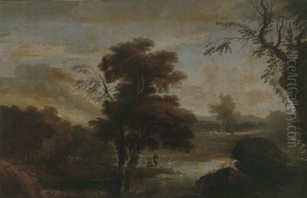 A Wooded Landscape With Figures Bathing And Resting On The Banks Of A River - view 1