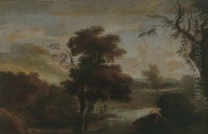 A Wooded Landscape With Figures Bathing And Resting On The Banks Of A River