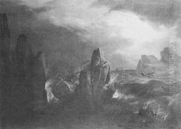A Fleet Wrecked On A Rocky Coastline With A Rescue In Progress - view 1
