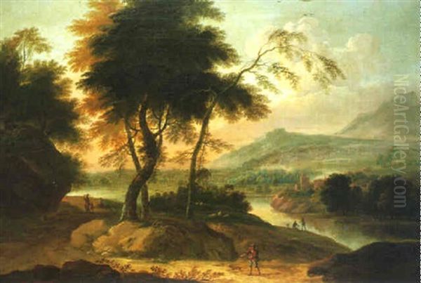 An Extensive Mountainous Lake View, With Figures On A Road - view 1