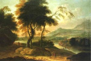 An Extensive Mountainous Lake View, With Figures On A Road