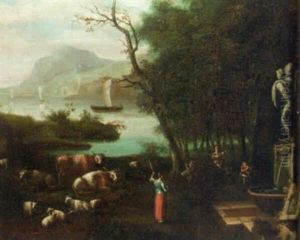 A River Landscape With A Shepherdess And Peasants Making Music By A Fountain