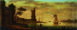 A Capriccio Of A Mediterranean Harbour With Figures On The Shore by Adriaen Van Diest