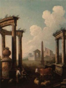 Shepherds Resting Amongst Classical Ruins by Adriaen Van Diest