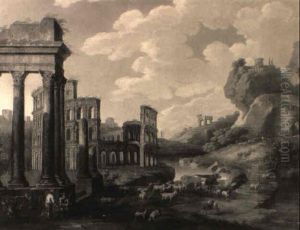 A Landscape With Shepherds Resting By A River Before The Colosseum by Adriaen Van Diest