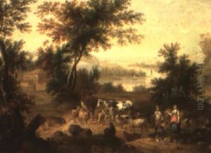 Wooded Landscape With Herders Driving Their Cows And Sheep by Adriaen Van Diest