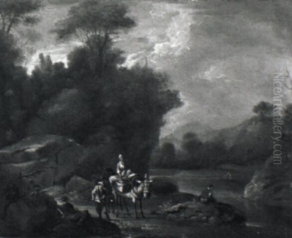 Italianate River Landscape Withe Travellers On Mules - view 1
