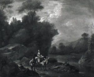 Italianate River Landscape Withe Travellers On Mules