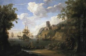 Mediterranean Harbour With Men-of-war At Anchor And Fishermen