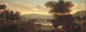 Extensive Landscape With A Stag Observed By Drovers