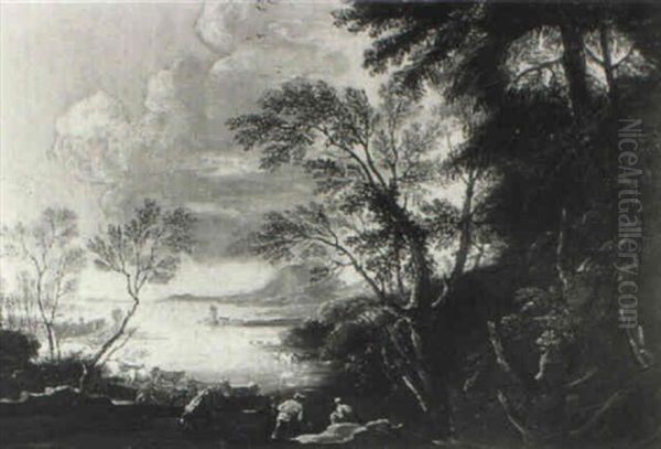 Italianate River Landscape With Drovers Watering Cattle - view 1