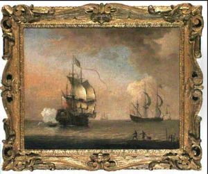 A Man Of War Firing A Salute With Other Shipping, Fishermen Hauling In Their Nets On The Foreshore