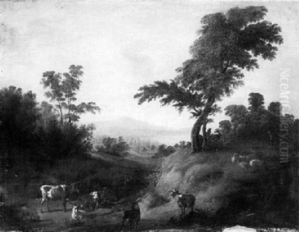 A Pastoral Scene With Cattle, Goats And Sheep In A Meadow Overlooking A Valley - view 1