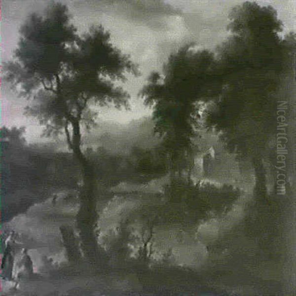 An Extensive Italianate Landscape With Two Travellers       Conversing On A Path - view 1