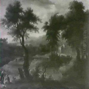 An Extensive Italianate Landscape With Two Travellers Conversing On A Path by Adriaen Van Diest