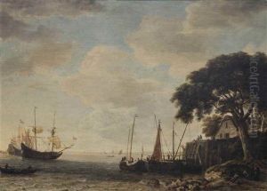 A Dutch Kaag Tied Up To A Quay, A Man-of-war Weighing Anchor Beyond by Jeronymus Van Diest