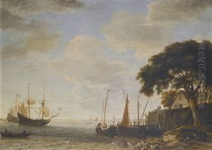 Coastal Landscape, A Dutch Kaag Tied Up To A Quay, A Man Of War Weighing Anchor Beyond by Jeronymus Van Diest