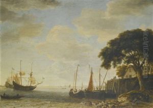 Coastal Landscape A Ducth Kaag Tied Up To A Quay, A Man Of War Weighing Anchor Beyond