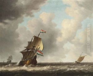 A Dutch Man-o-war And Other Shipping In Choppy Waters by Jeronymus Van Diest