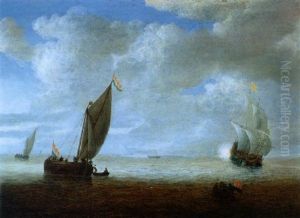 Fischerboote Und Ein Zweimaster, Der Einen Salutschuss Bei Ruhiger See Abfeuert by Jeronymus Van Diest