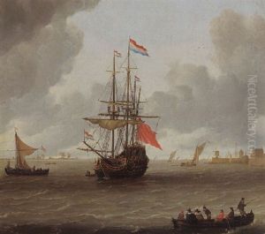 A Man-of-war In A Stiff Breeze With A Kaag And A Rowing Boat With Figures In The Lower Foreground by Jeronymus Van Diest