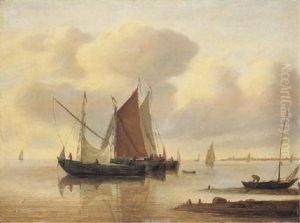 A Waterschip And Two Smalschips Off A Sandbank In A Calm, Other Shipping Off The Coast Beyond A Waterschip And Two Smalschips Off A Sandbank In A Calm, Other Shipping Off The Coast Beyond