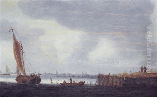 A Smalschip Setting Out From A Harbour At Dawn With Fishermen In A Rowing Boat - view 1